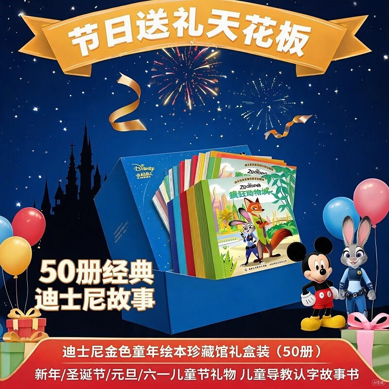 迪士尼金色童年绘本珍藏馆礼盒装（50册）节日送礼天花板 新年 圣诞节 元旦 六一儿童节送给孩子的礼物礼盒装 儿童早教认字故事书迪士尼里程碑式重磅作品
