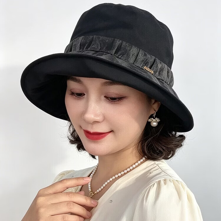 兰诗雨桑蚕丝帽子女士防晒太阳帽出游沙滩帽百搭渔夫帽度假遮阳帽 水墨黑 大头围(59-63CM)