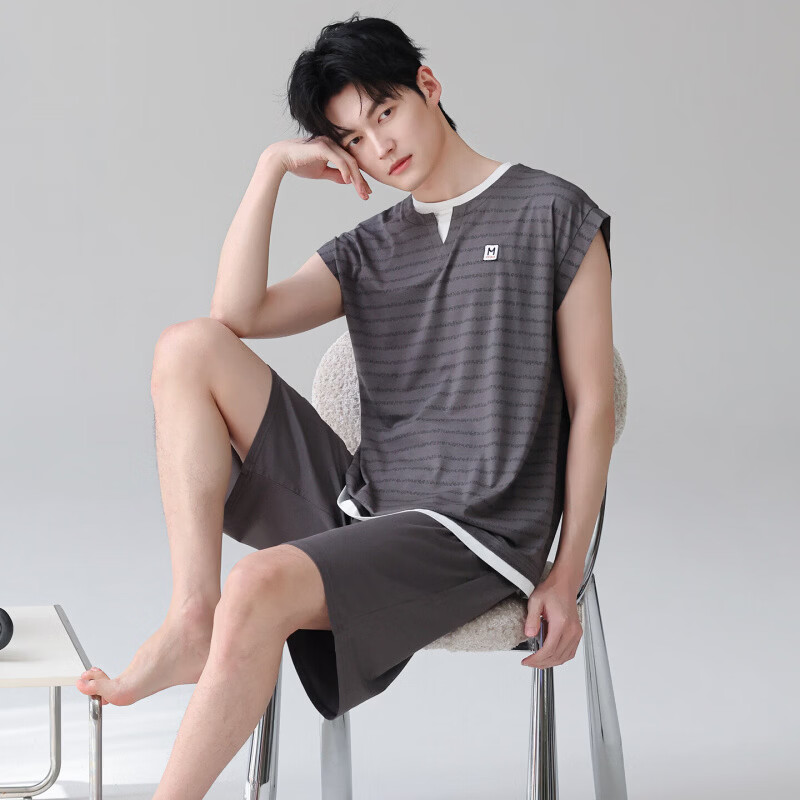 莫代尔2026新款睡衣男士夏季薄款背心无袖短裤男款可外穿休闲家居服套装 09M37002 XL 130-150斤