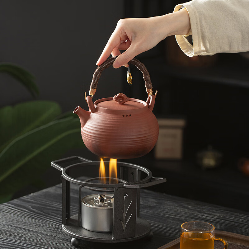 澳古原矿红泥养生烧水煮茶壶提梁壶中式简易户外铁艺酒精植物油煮茶炉 煮茶炉+红色提梁壶 540ml 不可干烧