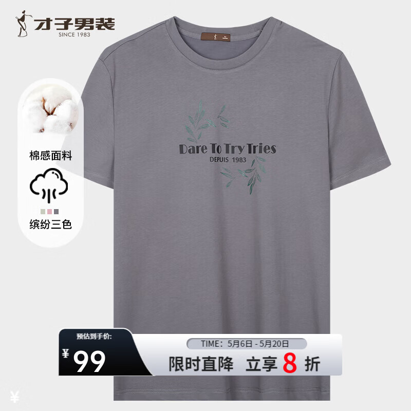 才子（TRIES）夏季百搭短袖T恤经典圆领舒适棉感T透气简约印花时尚男上衣 灰色 XL 50(175/92A)