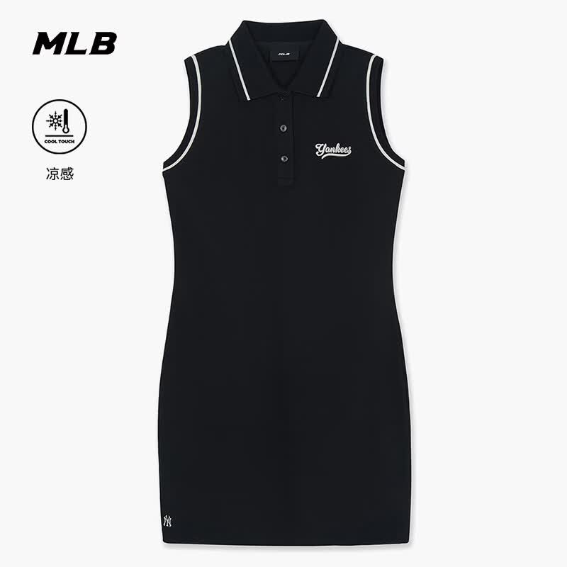 MLB官方 女款潮流百搭运动风印花凉感POLO领无袖修身连衣裙OPV02 纽约洋基队/黑色 XS （成人）