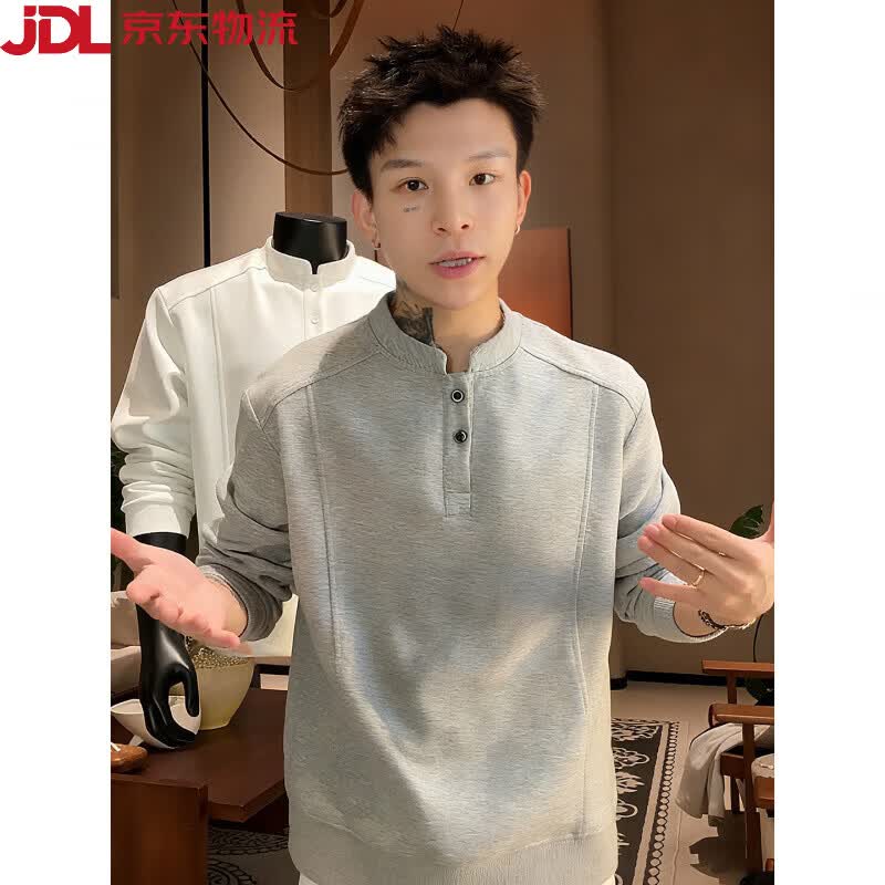 NoLogo黑色美式亨利领加绒Polo衫男秋冬正肩CleanFit长袖T恤 浅灰色 M (100-115斤)