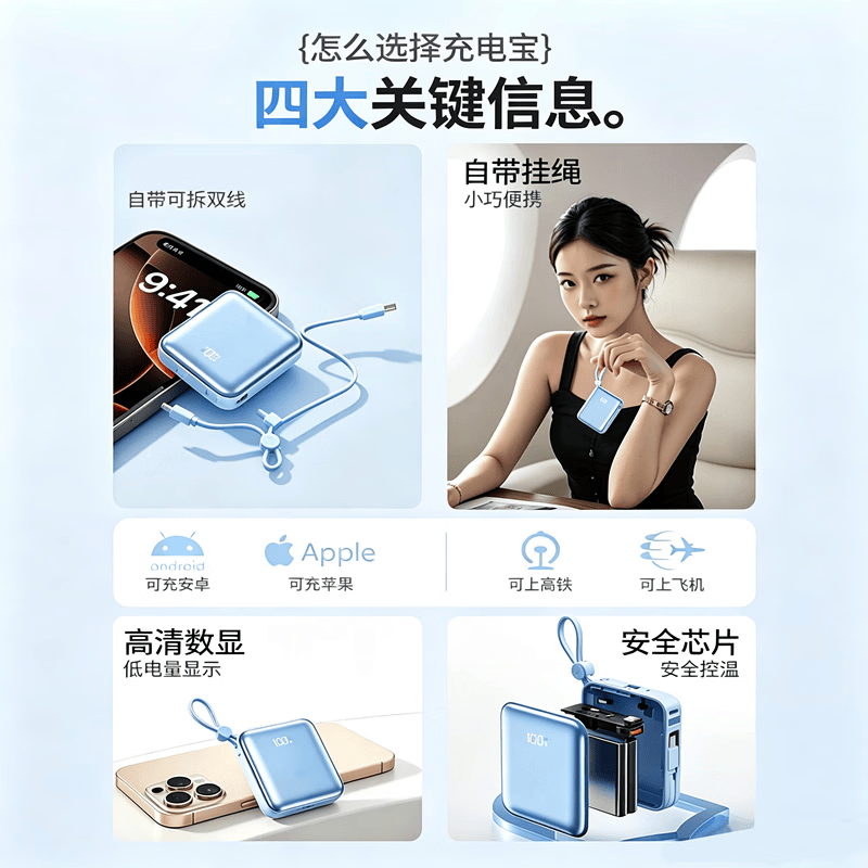 京凸充电宝20000毫安100W小巧自带线快充3C认证可上飞机适用苹果华为小米安卓手机通用可充笔记本电脑 银河灰【100W超级快充】手机/笔记本通用 国标3C认证 | 可上飞机