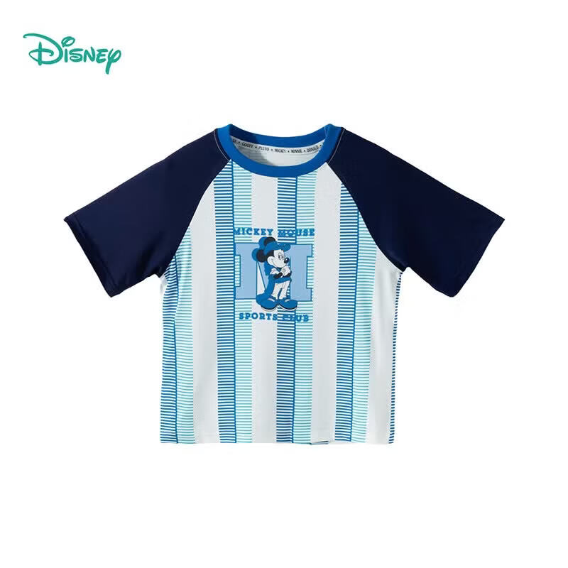 迪士尼(Disney)夏季新款男童条纹短袖T恤中大童轻薄透气网球服运动休闲篮球上衣 蓝白 160 (建议12-14岁身高150-160cm)