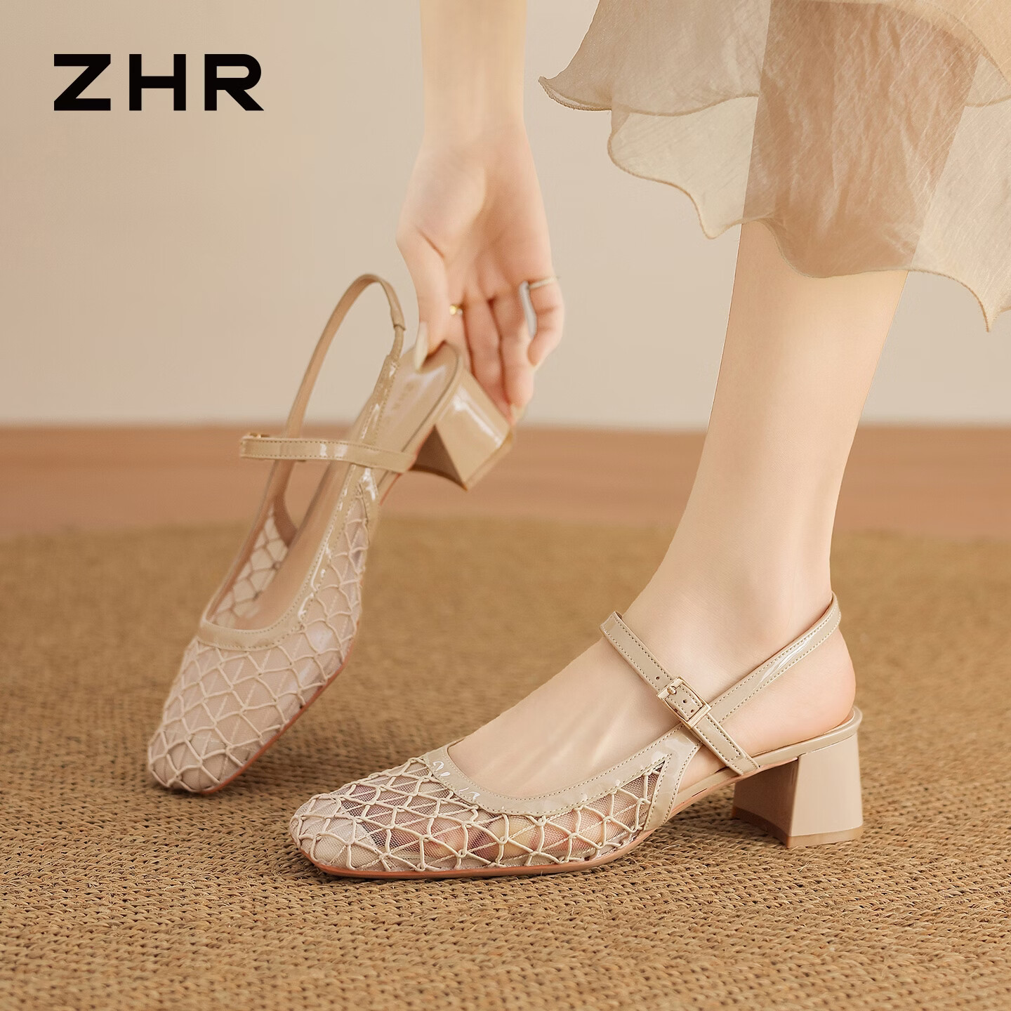 ZHR则则凉鞋女夏季新款晚风蕾丝镂空包头鞋子女外穿浅口单鞋 IE101杏色40