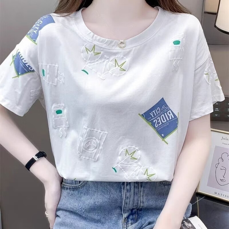 【爆款推荐】2026年夏季新款女装短袖T恤洋气印花时尚百搭女上衣 单车相机 M 【建议100-115斤】