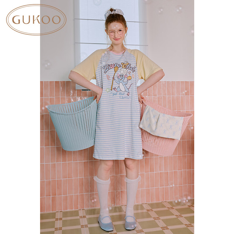 果壳（Gukoo）睡衣女夏季原创卡通可爱条纹插肩袖纯棉宽松女家居服睡裙B 海湾蓝料理鼠王睡裙 XL