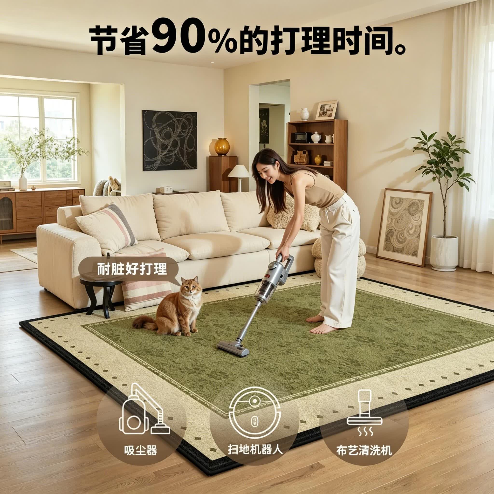 鸿荔达地毯客厅绿色中古风2026新款复古免洗可擦轻奢高级感沙发卧室地垫 S仿羊绒-清风春色 200×300CM【热销推荐尺寸】