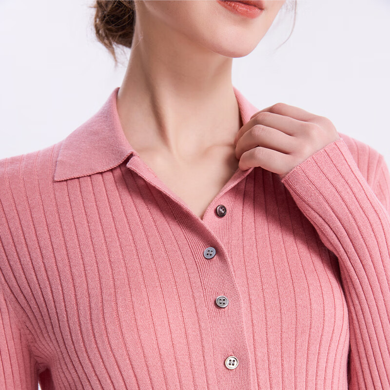 德凯佳85%绢丝15%羊绒女装翻领长袖衫S26-0069 粉色 L