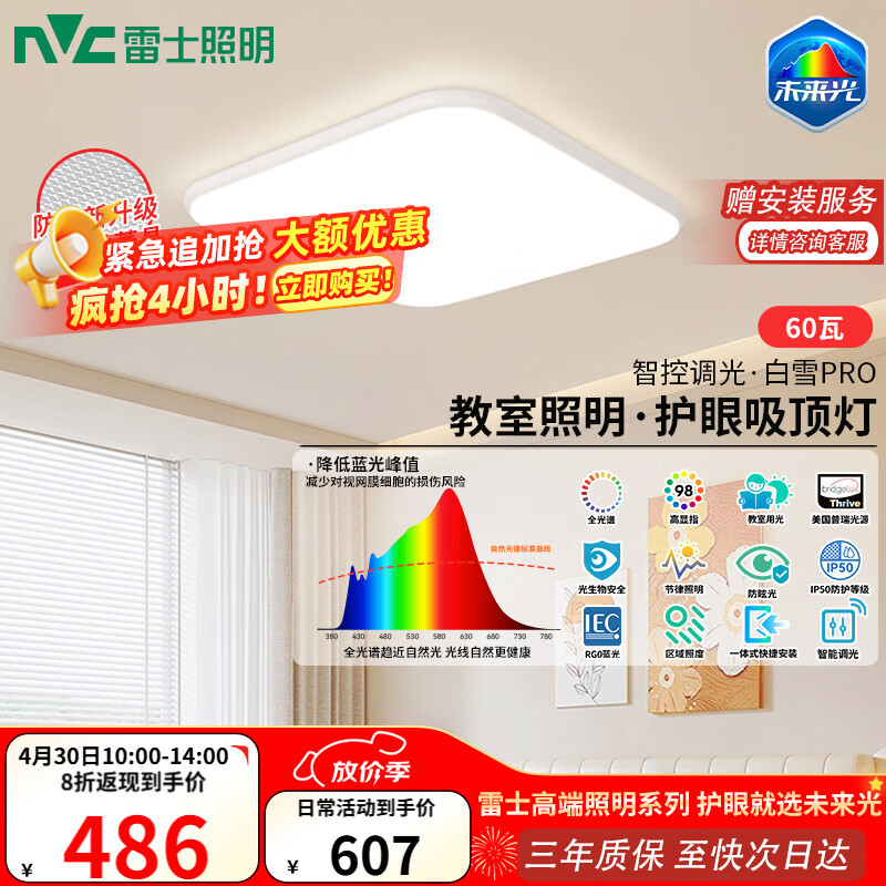 雷士（NVC）全光谱护眼吸顶灯卧室灯菱晶板防眩LED照明未来光白雪PRO包安装