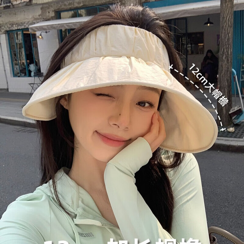 有只绵夏新款帽女显脸小户外防晒遮阳帽韩版百搭遮脸双面太阳帽子 卡其色 穿绳双面空顶 头围56-58cm-帽檐长12CM