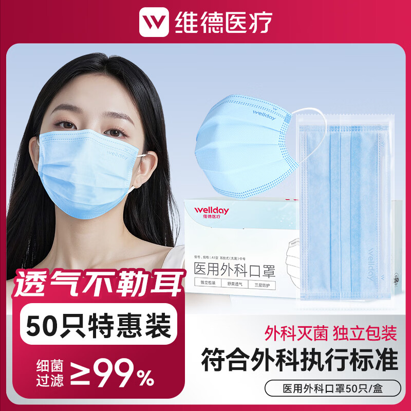 维德(WELLDAY)一次性医用外科口罩三层防病菌防花粉尘雾霾透气独立包装蓝白色 【外科灭菌】蓝色1盒50只