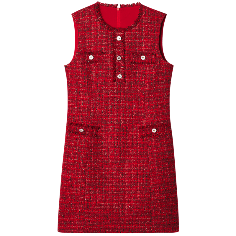 PSALTER詩篇專選春季【智性學(xué)院風(fēng)】花紗粗花呢小香風(fēng)背心裙連衣裙 正紅 M 38