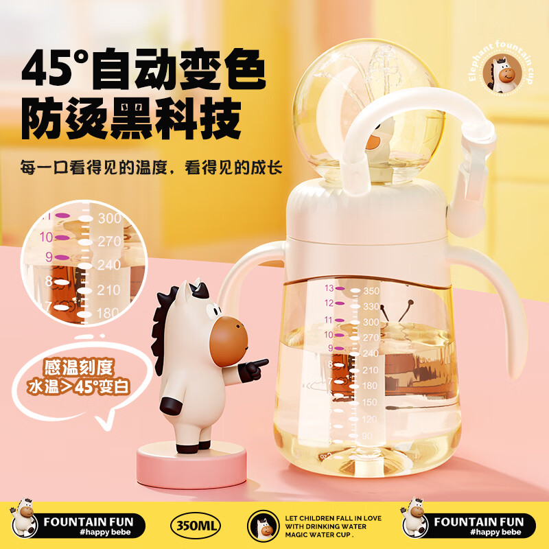 贝思卡儿PPSU喷泉水杯夏季幼儿园吸管杯儿童水杯上学专用夏天外出宝宝水杯 【升级球罩瓶身双PPSU】小象喷泉杯350ml