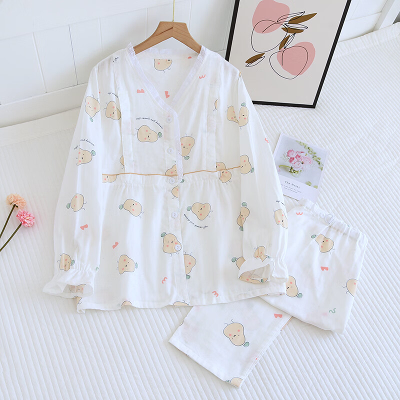 ROVO月子服孕妇睡衣套装纯棉可外穿产后哺乳衣夏季薄款 鸭梨 L