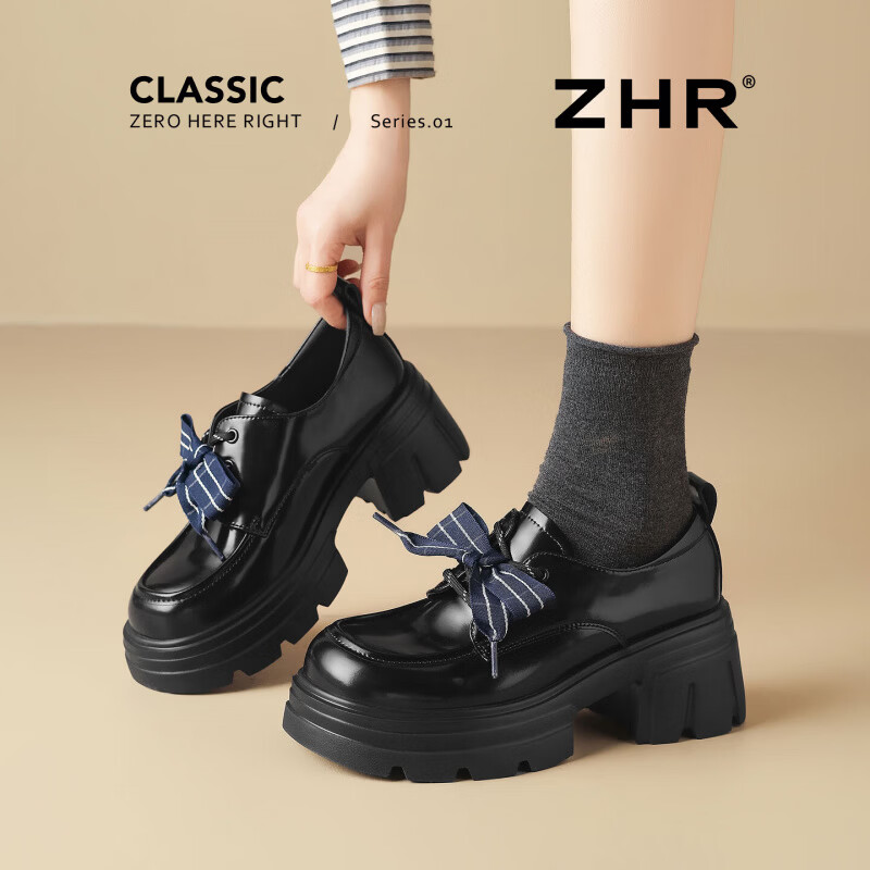 ZHR则则厚底小皮鞋女新款英伦风蝴蝶结乐福鞋小个子增高单鞋 AW177 黑色 37