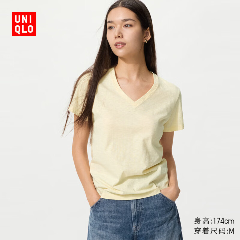 优衣库女装竹节纱V领T恤/短袖/纯棉打底休闲百搭26春夏新款483460 483460/40奶油色 M