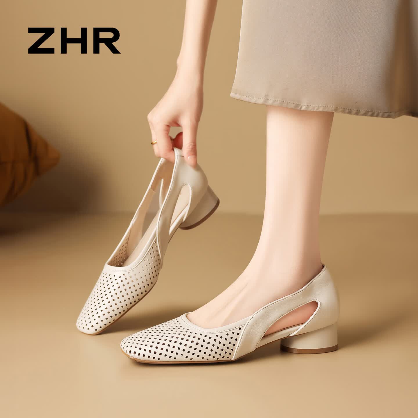 ZHR则则羊皮垫凉鞋女2026夏浅口镂空单鞋方头中空透气女鞋 EH328米色37