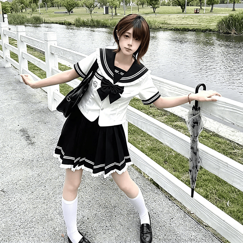 川奈香【月白序】水手服正版原创jk制服短袖学院风百褶裙制服套装 白色款上衣+裙子+黑领结一套 外宋小物 M 90-100斤