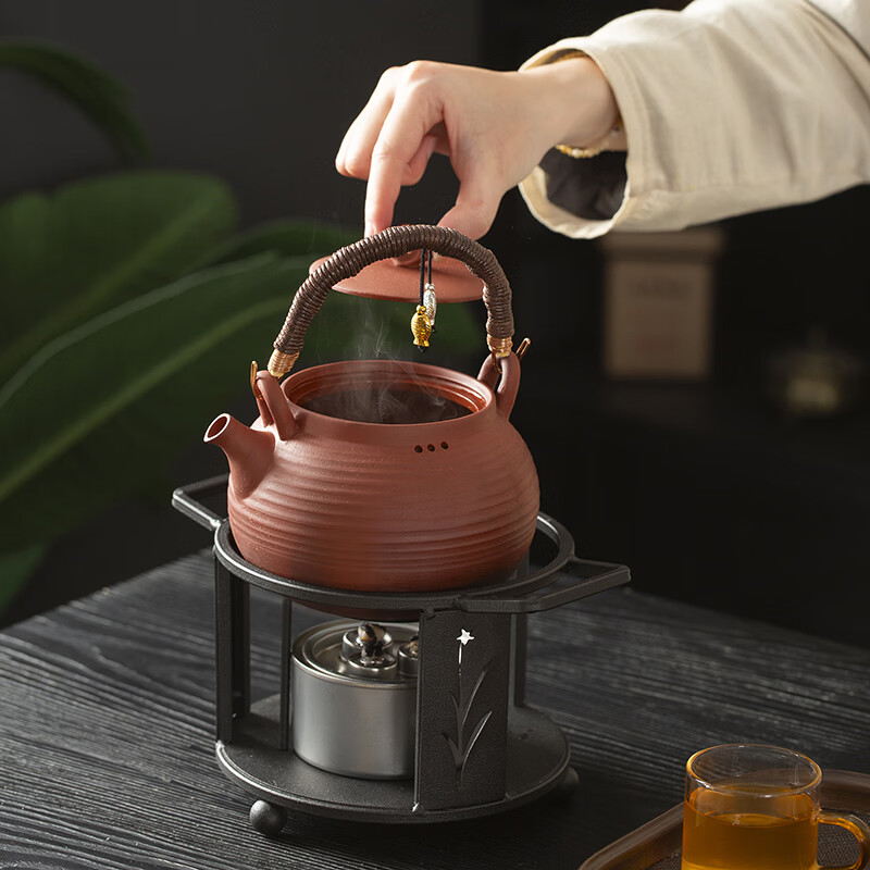 澳古原矿红泥养生烧水煮茶壶提梁壶中式简易户外铁艺酒精植物油煮茶炉 煮茶炉+红色提梁壶 540ml 不可干烧