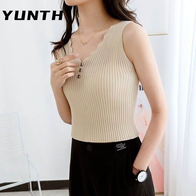 YUNTH夏装冰丝吊带针织背心女美背宽松百搭无袖大码韩版打底V领显瘦 黑色不掉色 XS 建议80-90斤
