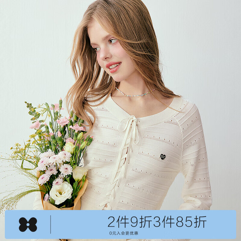乐町镂空系带针织套衫少女风针织短上衣粉宽松罩衫 白色（现货） M