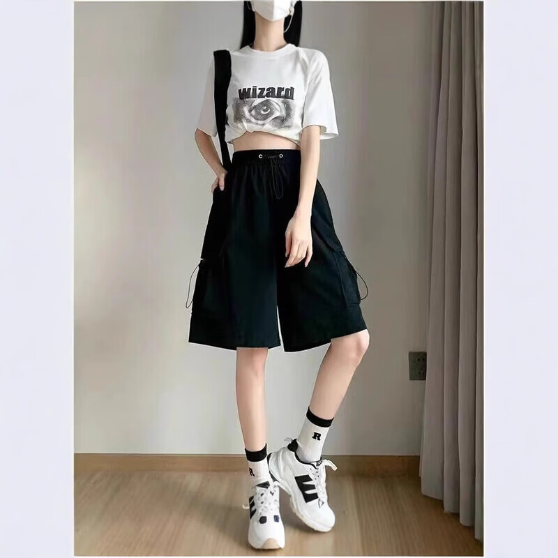 YOUNVFR夏季高腰五分阔腿裤设计感小众慵懒宽松短裤梨型显瘦直筒女版中裤 203#黑色 M 【建议85-100斤】