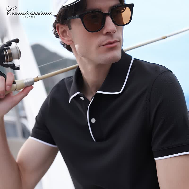 恺米切（CAMICISSIMA）夏季新款男士POLO衫短袖翻领休闲商务2色可选 黑色 均码 50