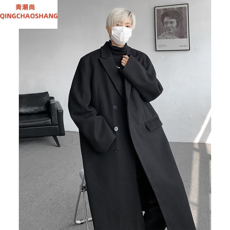 青潮尚8XL特大碼風(fēng)衣男春秋季韓版寬松長(zhǎng)款呢子大衣男潮300斤青少年外套 黑色 5XL 建議200-225斤
