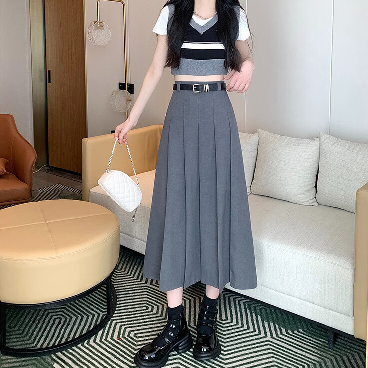 YOUNVFR新款高级感高腰百褶长裙子显瘦A字小众设计感西装时尚中长款气质 【黑色】 高品质 送腰带 XL （适合115--125斤）