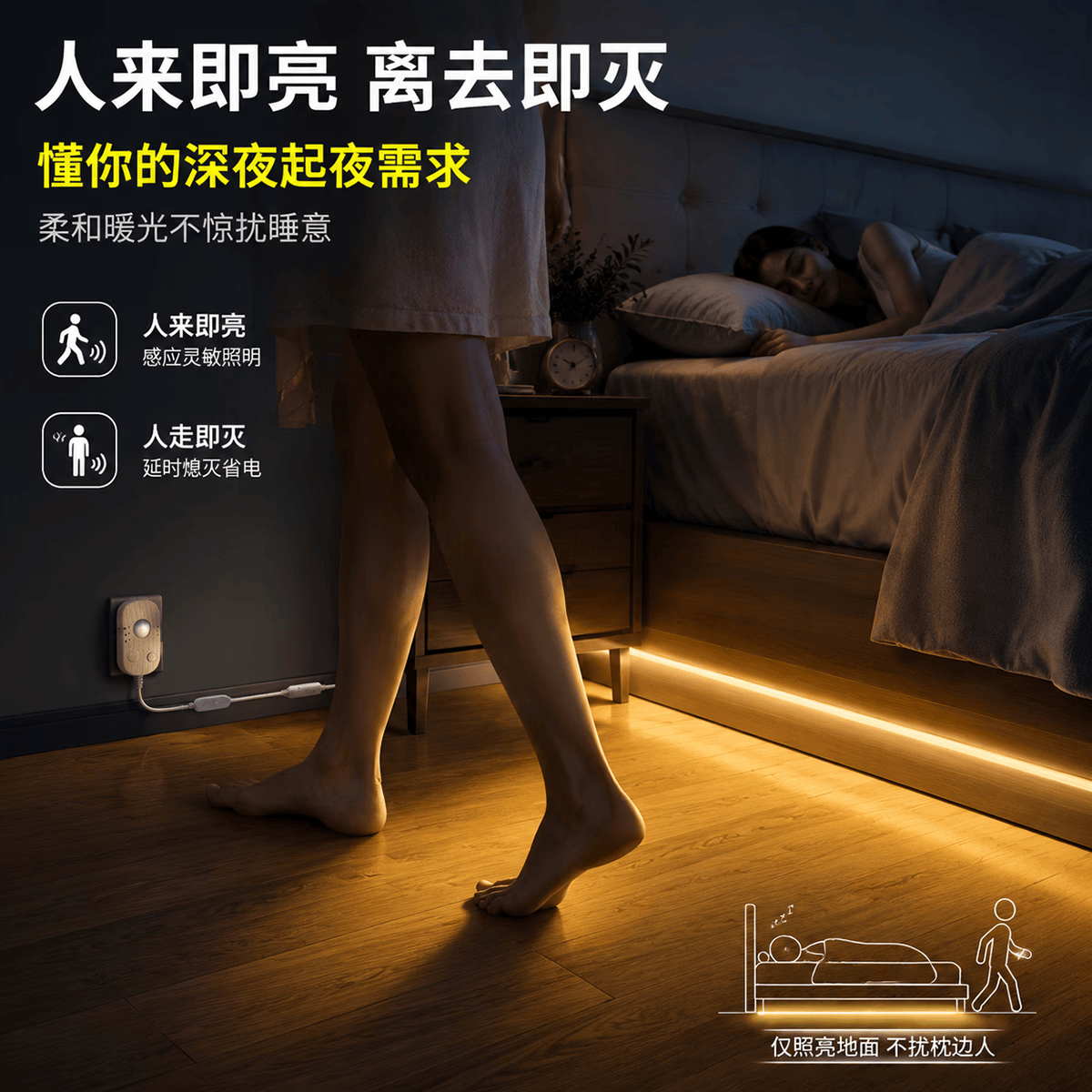 幽麦 LED人体感应灯带床头氛围灯带套装橱柜鞋柜衣柜起床灯手办柜灯条 插电款-5.8米
