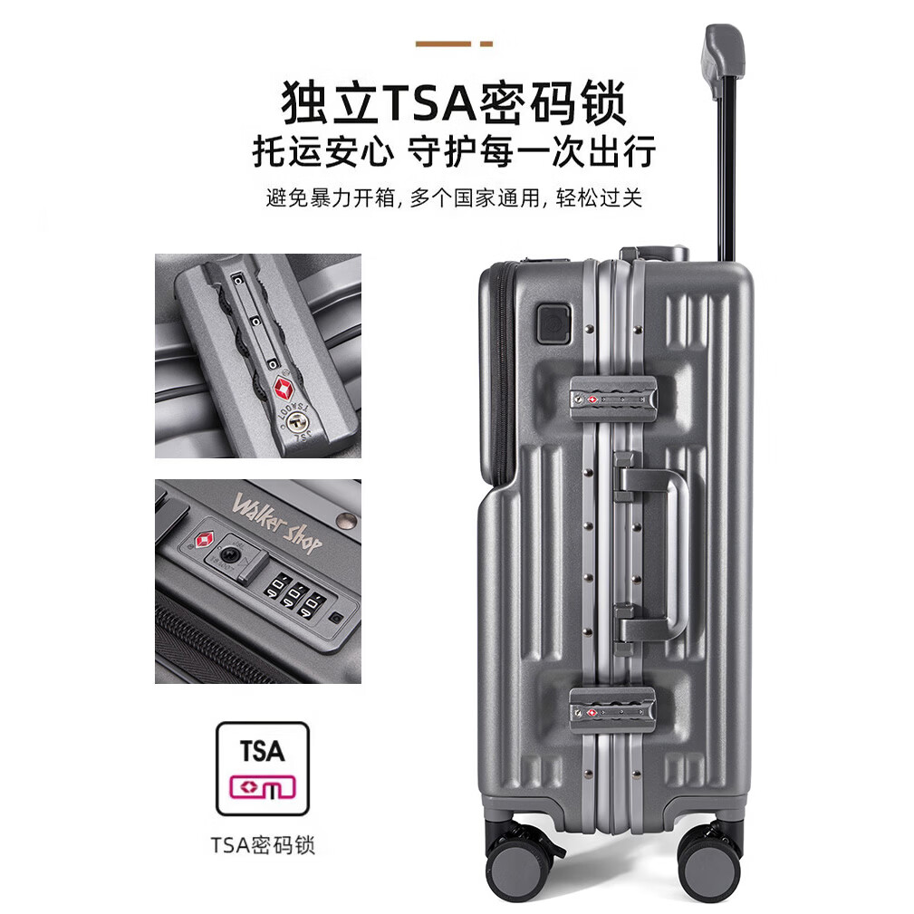 Walker Shop行李箱新款多功能前开盖耐用密码拉杆箱登机箱商务出差旅行箱男女 黑色【TSA密码锁】 24英寸 【需托运 | 顺丰快递】