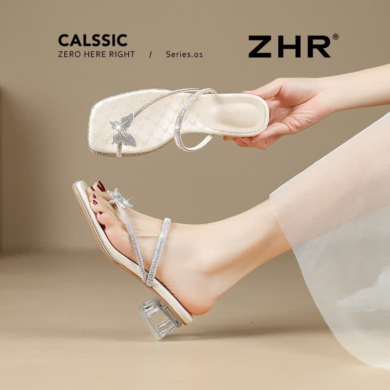 ZHR则则绝美水钻蝴蝶一字带法式凉拖鞋女款夏季外穿粗跟高跟凉鞋 KN75 米色 37