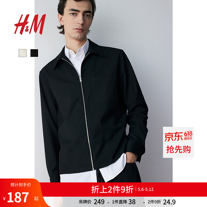H&amp;M男装夹克巴恩风翻领拉链斜纹布行政夹克外套式衬衫1257837 黑色 L 175/108