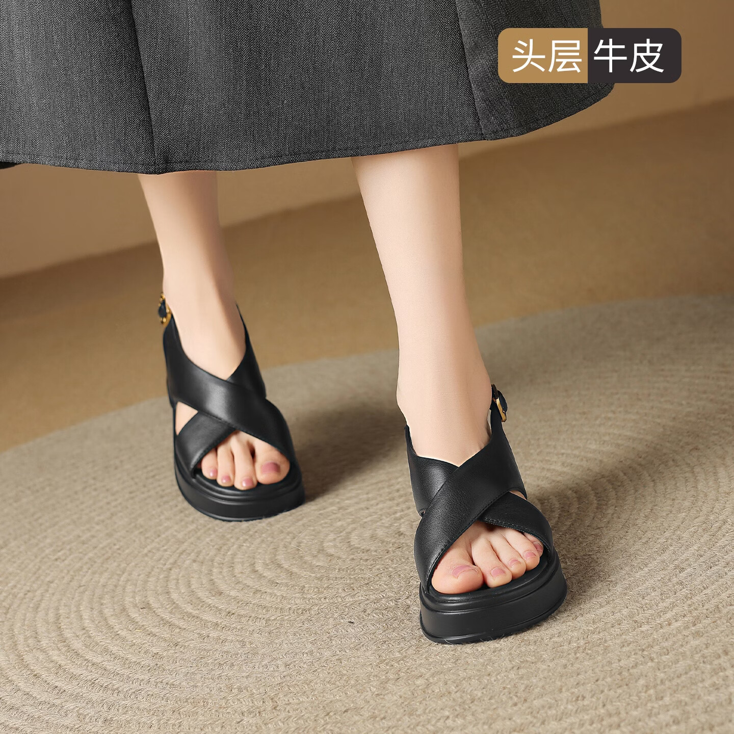 ZHR则则凉鞋女夏季新款头层牛皮增高厚底高跟女鞋一字带妈妈鞋JE65黑色37
