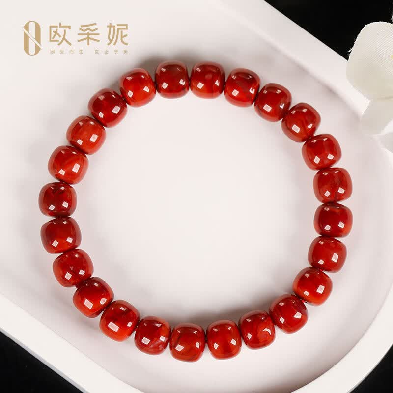 欧采妮（OUCERNY）凉山南红手串收藏牛血红火焰纹锦红玛瑙老形桶珠手串送520礼物 9mm
