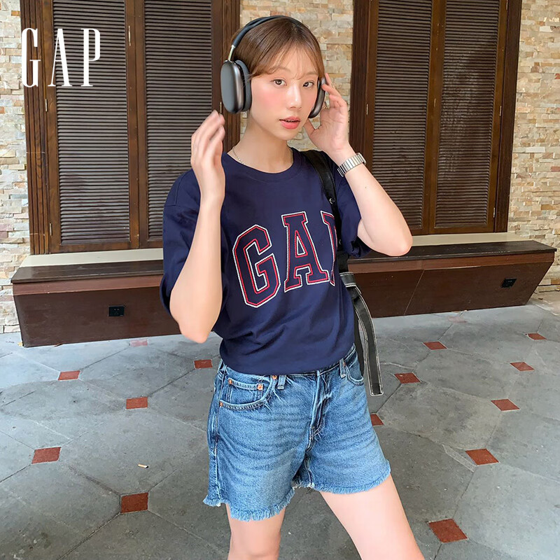 盖璞Gap男女装2026春季新款纯棉logo字母印花宽松短袖T恤上衣854736 海军蓝 L (175/96A) 亚洲尺码