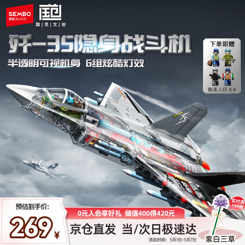 森宝积木歼35战斗机军事拼装玩具隐身歼击机模型摆件男孩儿童生日礼物