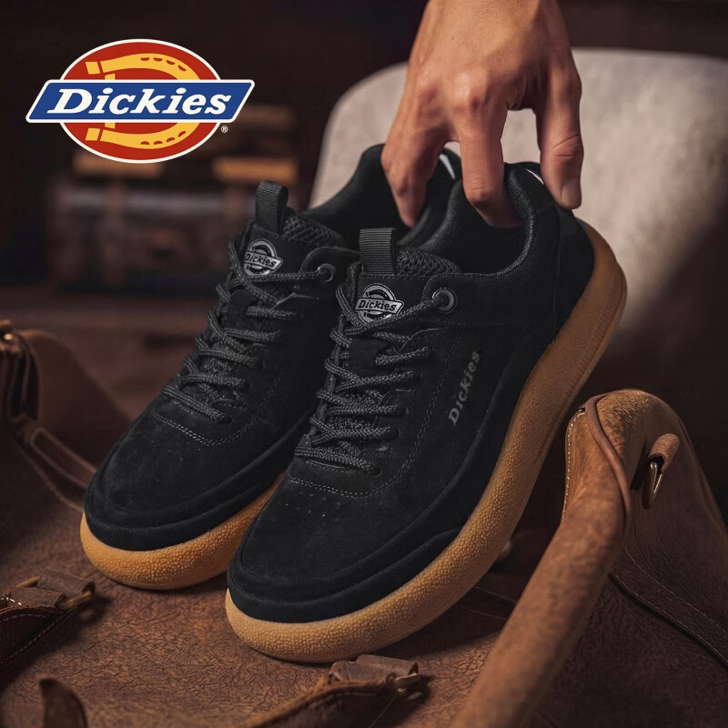 Dickies品牌男鞋2026秋季新款真皮板鞋户外运动鞋厚底耐磨百搭复古休闲鞋 黑色 42