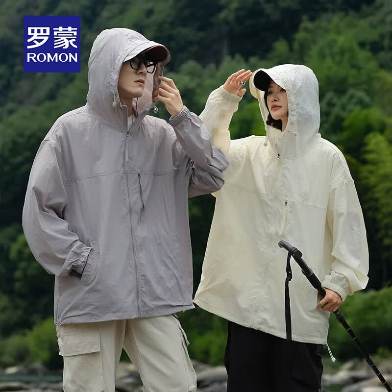 罗蒙（ROMON）UPF50+防晒衣男女同款轻薄透气排汗2026夏季新款时尚休闲防晒服 浅灰 3XL (185)
