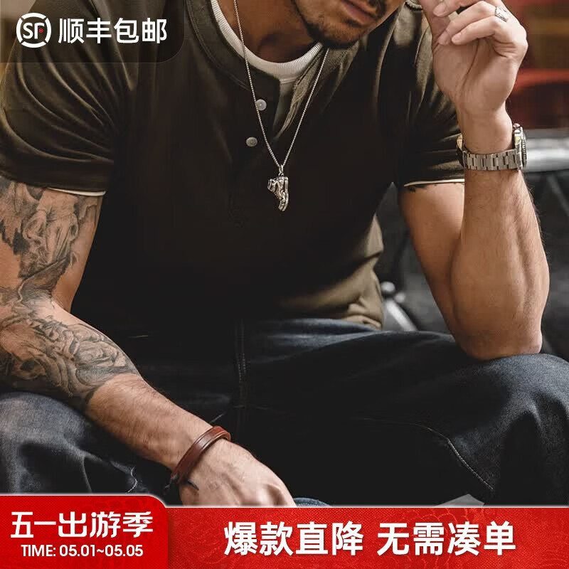 马登工装美式肌肉cleanfit重磅亨利衫纯棉老钱风阿美咔叽短袖T恤男夏 军绿色 【男士T恤/衣服男装夏季/内搭可外穿】 L （175/96A）