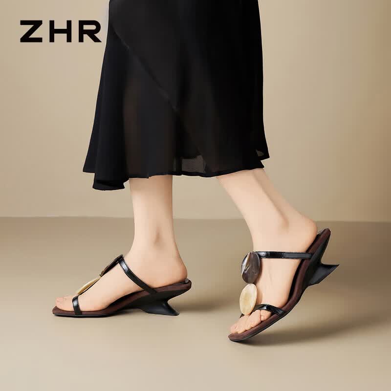 ZHR则则高跟凉拖鞋外穿女2026夏季新款女鞋气质坡跟凉鞋一字拖MU32黑色37