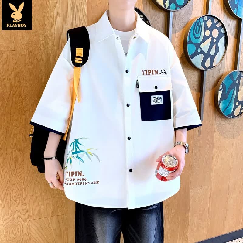 花花公子（PLAYBOY）青少年短袖衬衫男2026夏季潮流宽松衬衣外套休闲百搭上衣服男装 C201米白色 4XL