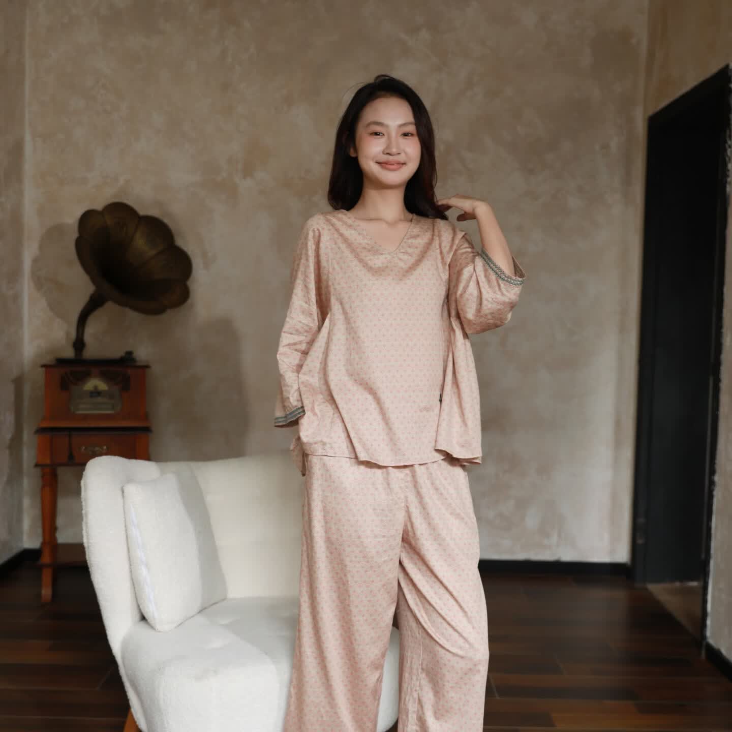 朵朵·可可2026春夏季新款睡衣女纯棉贡缎印花八分袖睡衣套装 杏粉色 M (160)
