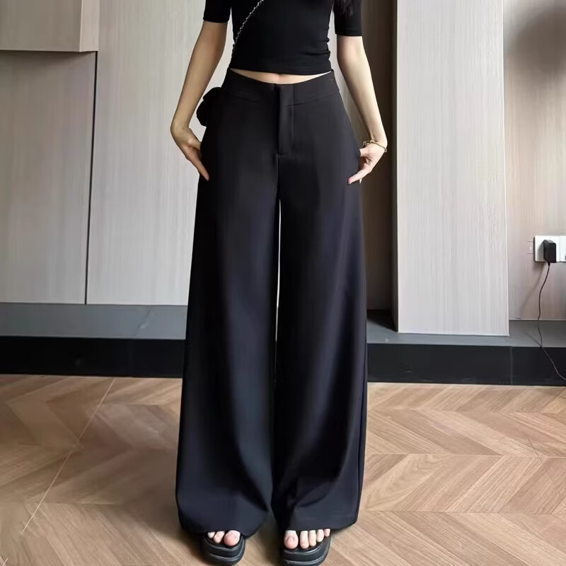 YOUNVFR美式慵懒风设计感西装裤女春夏时尚松弛感低腰拖地裤阔腿裤休闲裤 卡其色 L