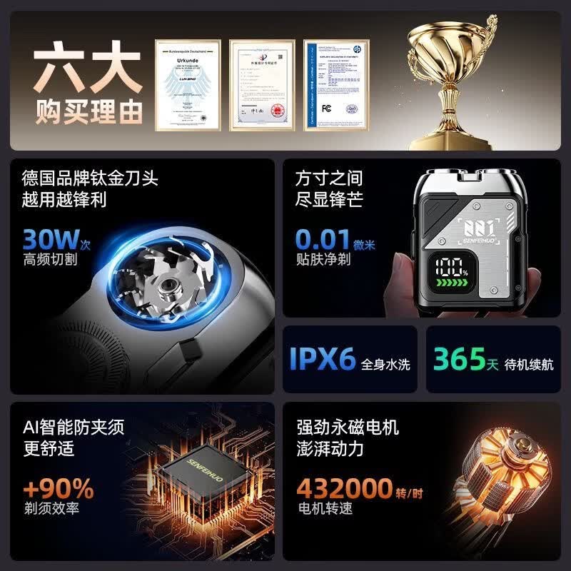 圣菲火 SENFEIHUO德国剃须刀电动男士2026新款便携大学生青少年专用干净不留黑点合金装甲刮胡刀快充长续航小钢炮 至尊Ultra永磁电机【36叶钛合金刀头】店长主推