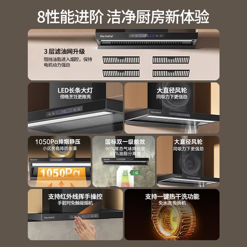 Haotaitai油烟机大吸力家用抽油烟机正品上门安装油烟机一级能效顶侧双吸油烟机灶套装 TC4-BPT烟机+2419-S单定时定温九腔灶