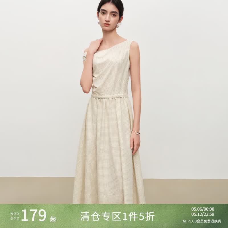 自巧【定格胶囊】自巧小个子斜肩格纹棉收腰大裙摆连衣裙女2026夏新款 米黄格 XXS （尺码：1）