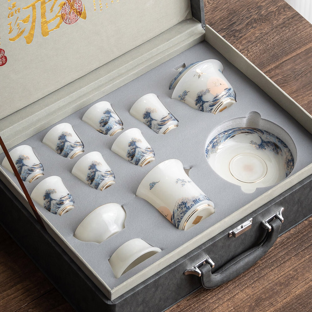 璞玉瓷华鹤潮升高档羊脂玉白瓷茶具套装老板茶具办公楼茶礼品 纯白 6人饮 1件